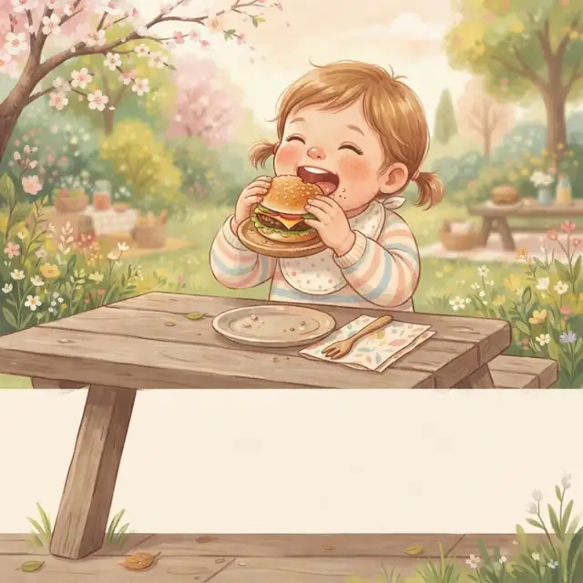 Storybook painting: a toddler at a picnic table biting into a big hamburger