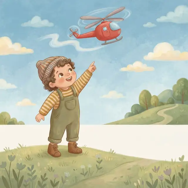 Storybook painting: a toddler on a hill pointing up at a red helicopter