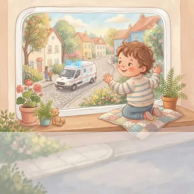 Storybook painting: a toddler kneeling at the window, waving at an ambulance driving down the street
