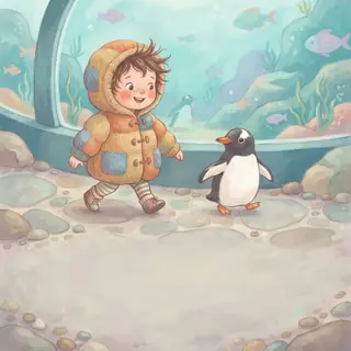 Storybook painting: a toddler in a duffle coat waddling beside a penguin at the aquarium