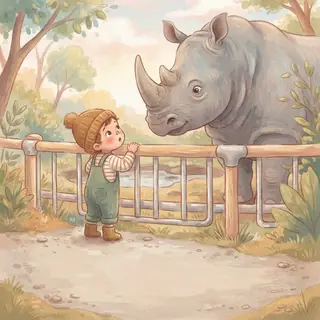 Storybook painting: a little boy in a beanie meeting a rhino over the zoo fence