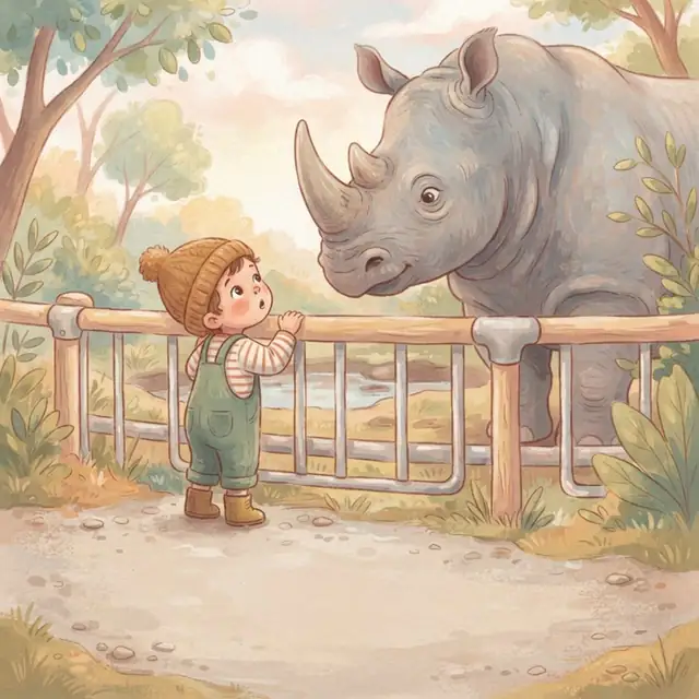 Storybook painting: a little boy in a beanie meeting a rhino over the zoo fence