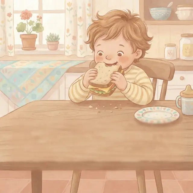 Storybook painting: a toddler at the kitchen table taking a big bite of a sandwich