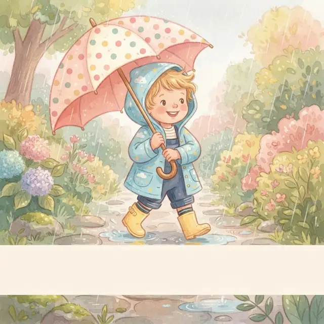 Storybook painting: a toddler in a blue raincoat and yellow boots splashing in a garden puddle under a polka-dot umbrella